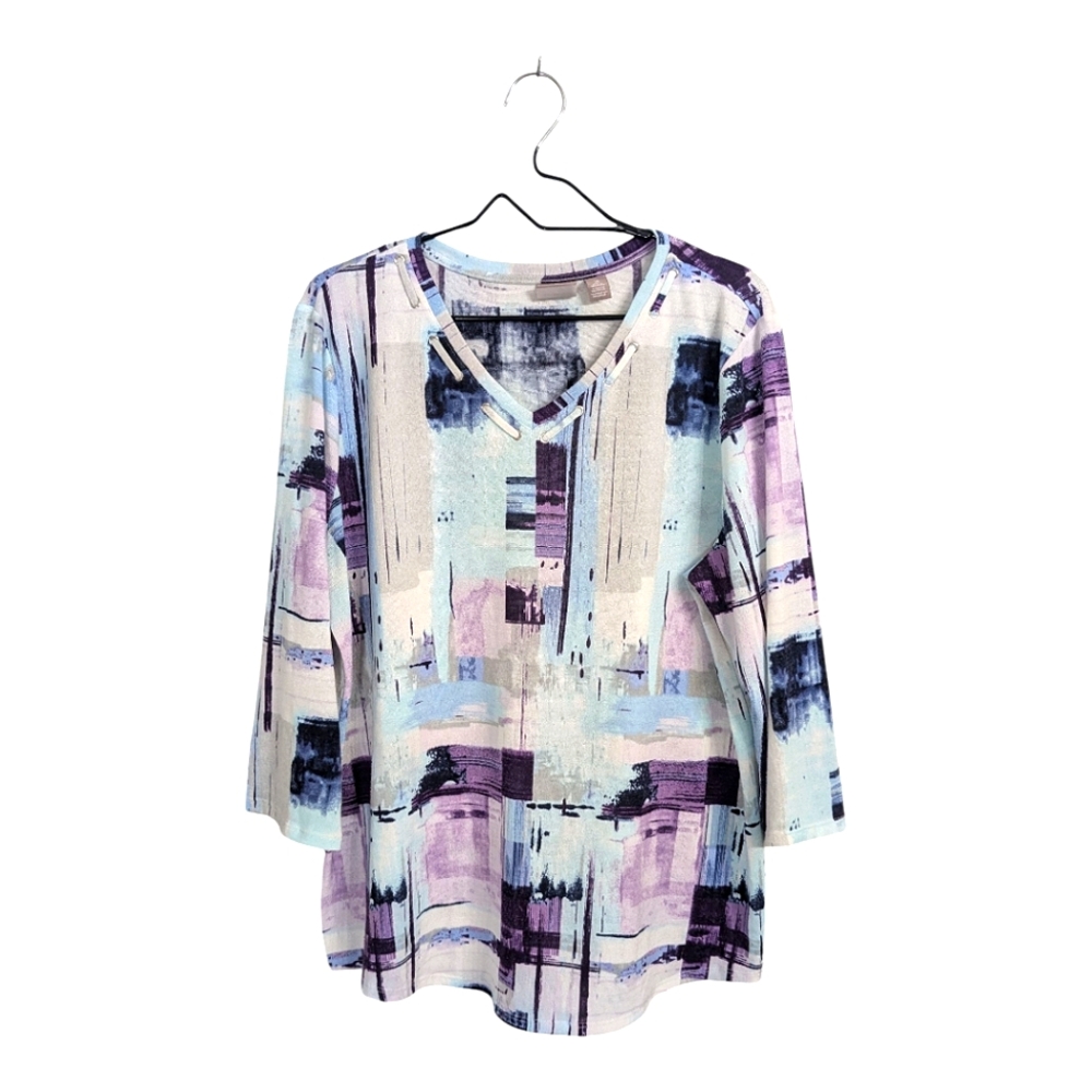 Chico's Purple Blue Abstract Print Pullover Knit Top Sweater 3/4 Sleeve XL